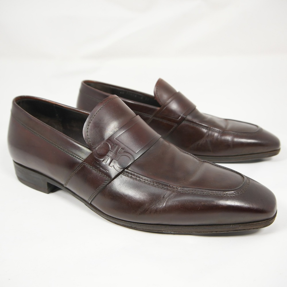 Salvatore Ferragamo Leather Dress Slip Loafers Gancini Logo Apron Toe Men 8 EE